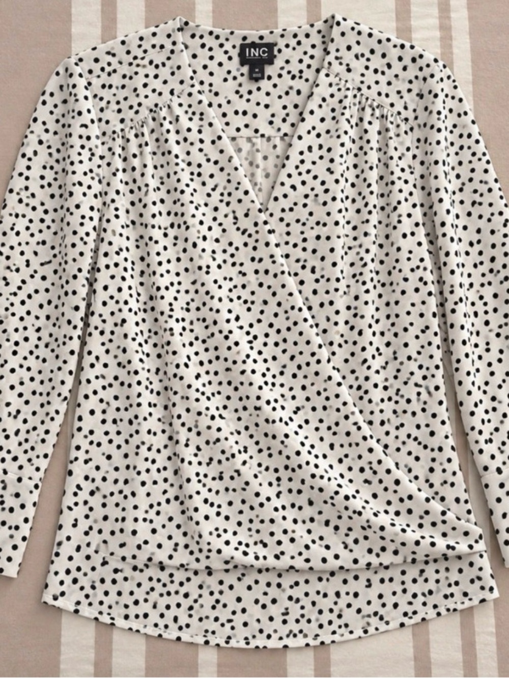 INC International Concepts White and Black Polka Dot Wrap-Front Long Sleeve Top